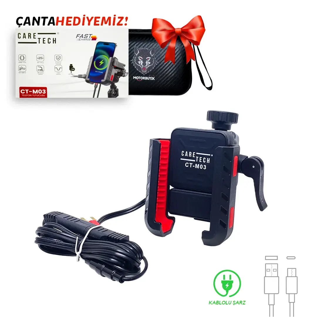 CARETECH CT-M03 Telefon Tutucu Hızlı Şarj Gidon Ayna Montajlı Motosiklet TYPE-C Üniversal