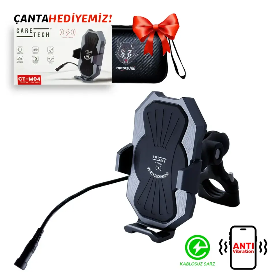 CARETECH CT-M04 Telefon Tutucu Titreşim Önleyici Modül Şarjlı Gidon Ayna Montaj Motosiklet Üniversal
