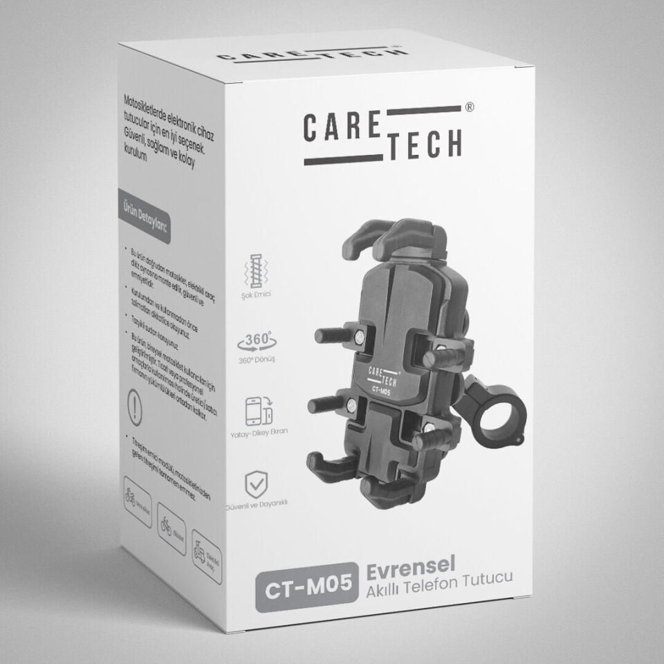 CARETECH CT-M05 Telefon Tutucu Titreşim Önleyici Motosiklet Gidon Ayna Montajlı 8 Pençeli Siyah Su geçirmez