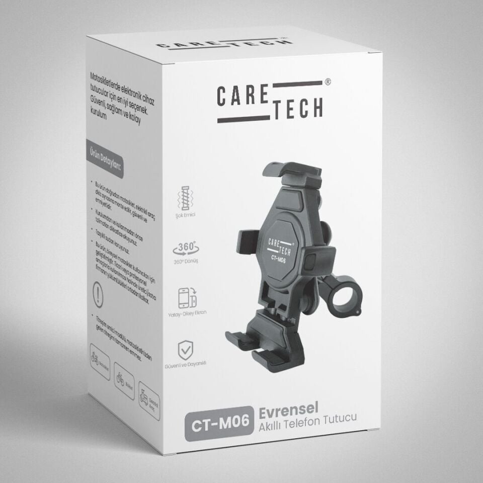 CARETECH CT-M06 Telefon Tutucu Titreşim Önleyici Aliminyum Motosiklet Gidon Ayna Montajlı Siyah Su Geçirmez