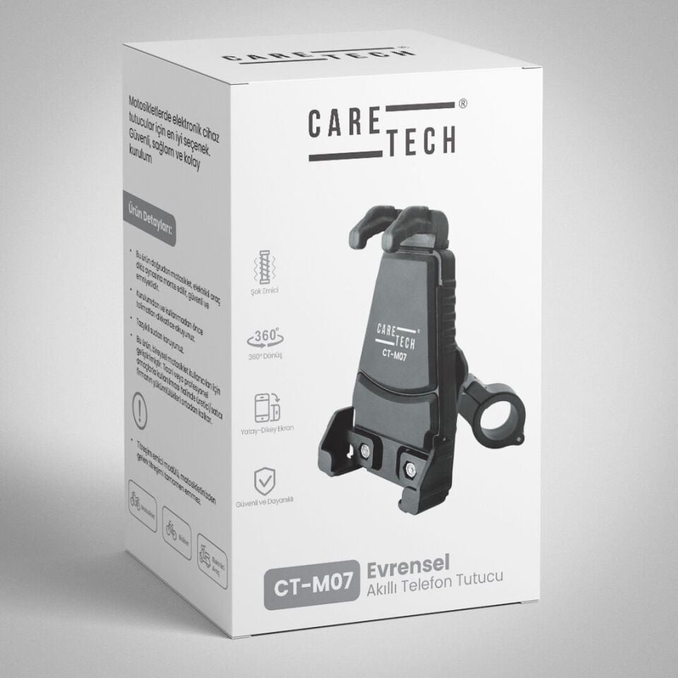 CARETECH CT-M07 Telefon Tutucu Titreşim Önleyici Motosiklet Gidon Ayna Montajlı Siyah Su Geçirmez