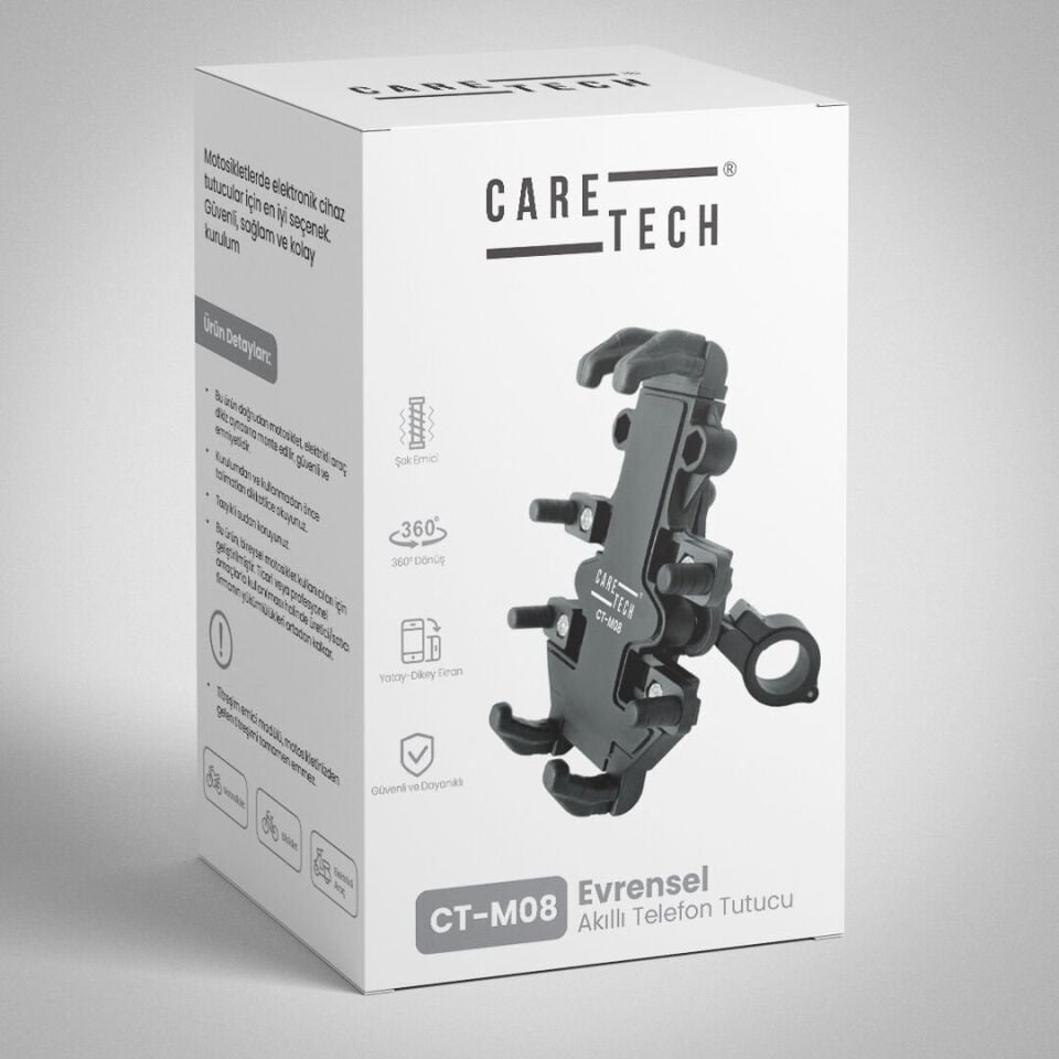 CARETECH CT-M08 Telefon Tutucu Titreşim Önleyici Motosiklet Gidon Ayna Montajlı 8 Pençeli Siyah Su geçirmez
