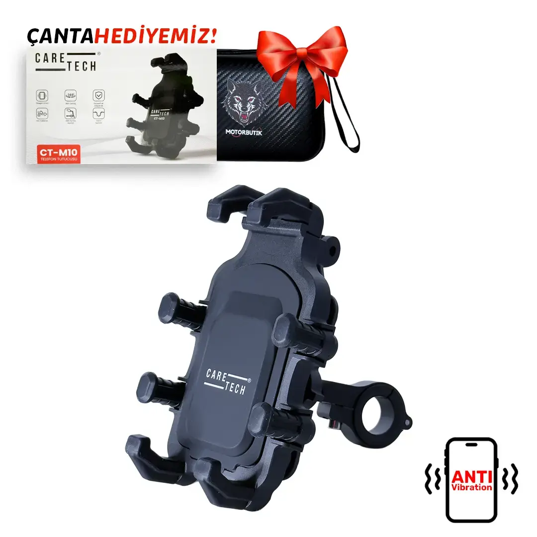 CARETECH CT-M10 Telefon Tutucu Titreşim Önleyici Motosiklet Gidon Montajlı 8 Pençeli Sabitleme Siyah