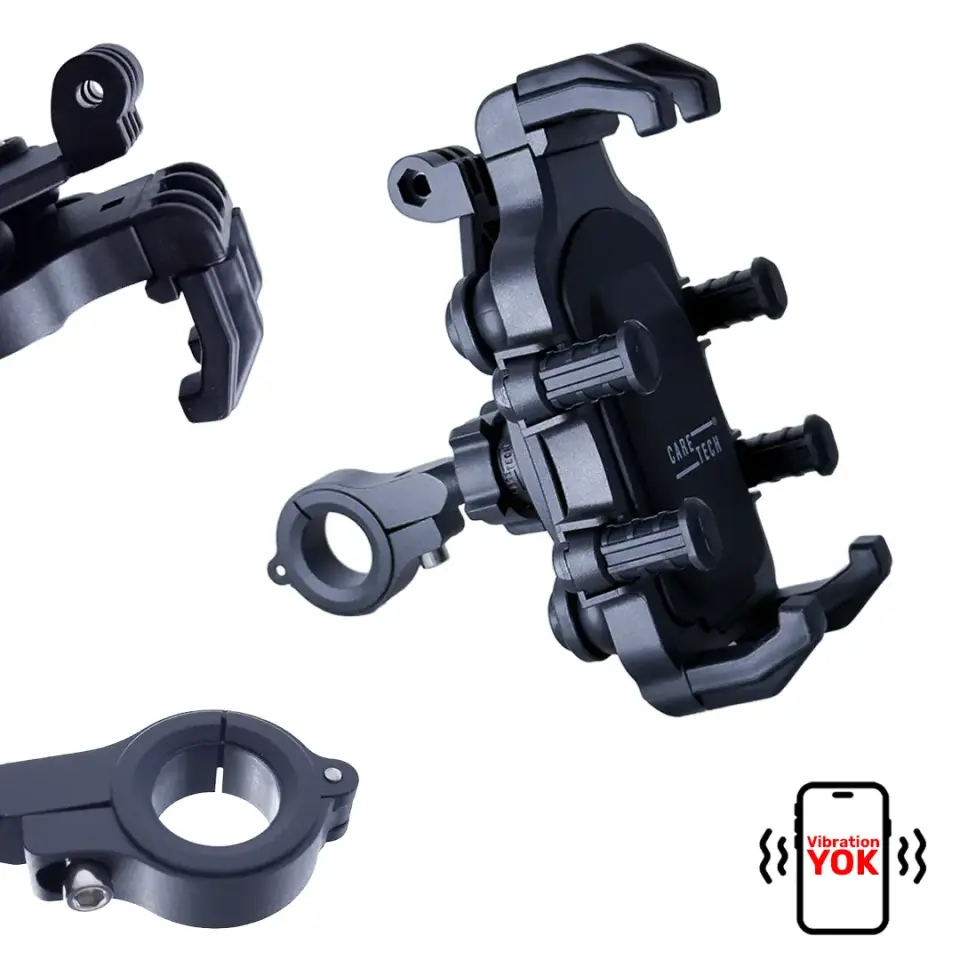 CARETECH CT-M10 Telefon Tutucu Titreşim Önleyici Motosiklet Gidon Ayna Montajlı 8 Pençeli Sabitleme Siyah
