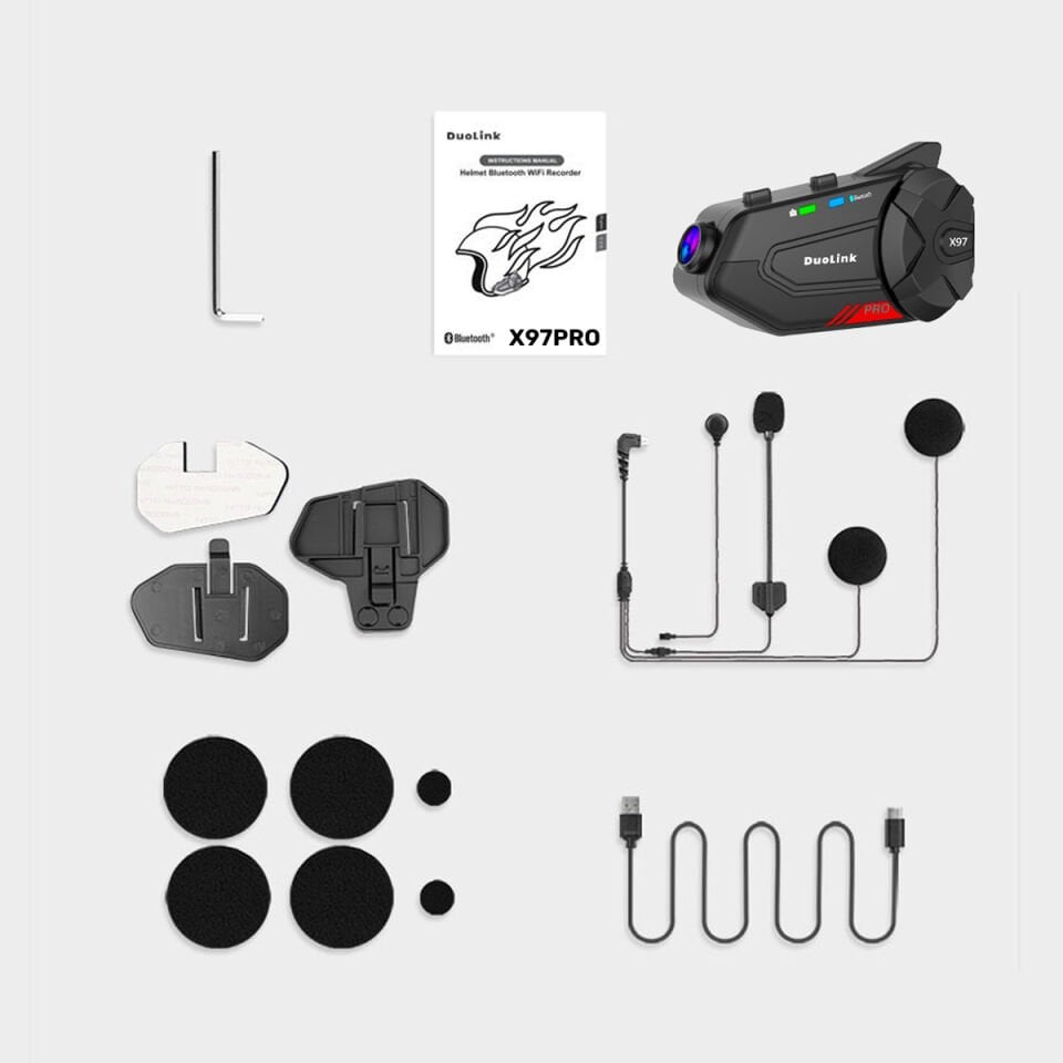 DuoLink X97 Pro İnterkom Motosiklet Kameralı 6 Kişi Grup Bluetooth Kask Intercom Video Kayıt Kulaklık
