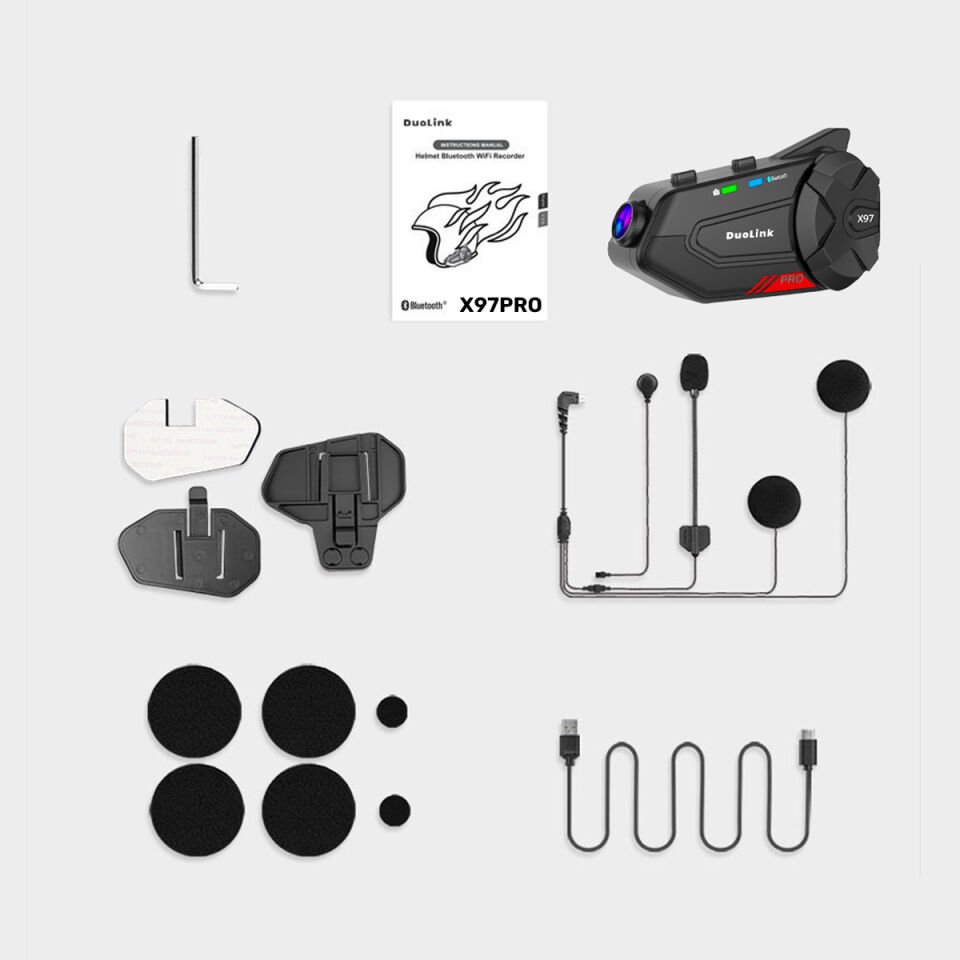 DuoLink X97 Pro İnterkom Motosiklet Kameralı 6 Kişi Grup Bluetooth Kask Intercom Video Kayıt Kulaklık