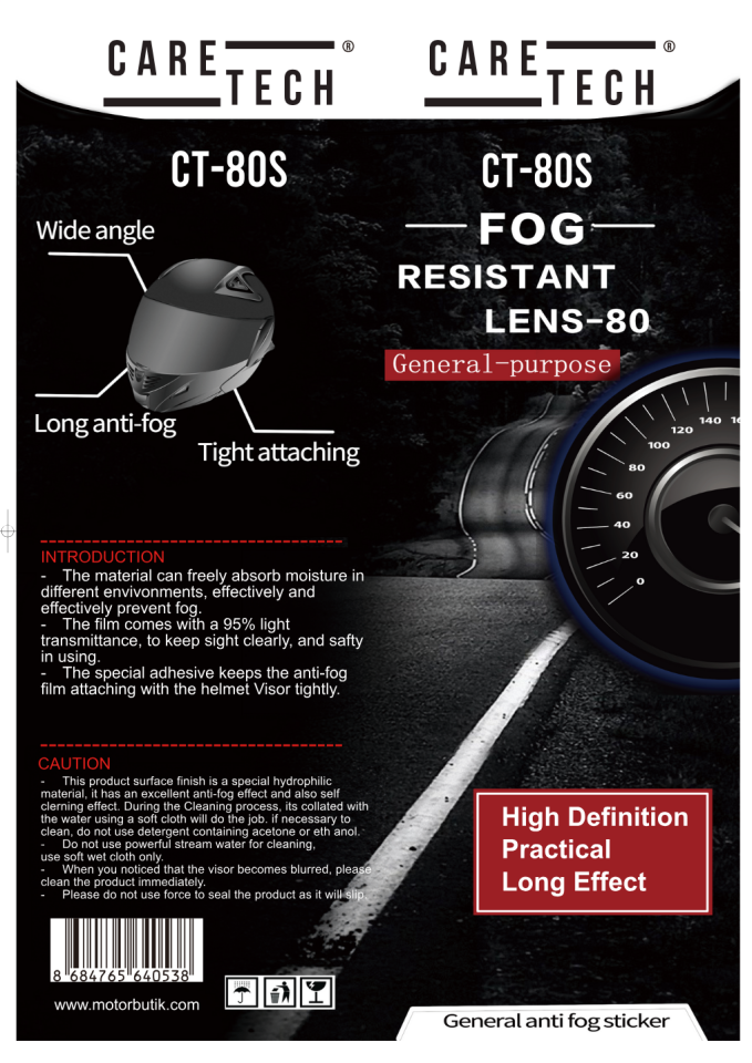 CARETECH BUĞU ÖNLEYİCİ CT-80S MOTOSİKLET KASK VİZÖRÜ ANTİ FOG BUĞU GİDERİCİ FİLM