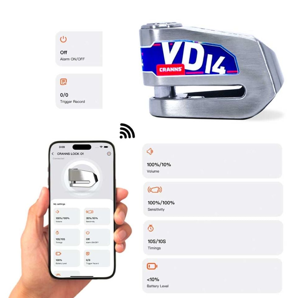 CRANNS VD14 Alarmlı Disk Kilidi Bluetooth App Kontrollü 304 Paslanmaz SRA Sertifikalı 14 mm Karbür PİM