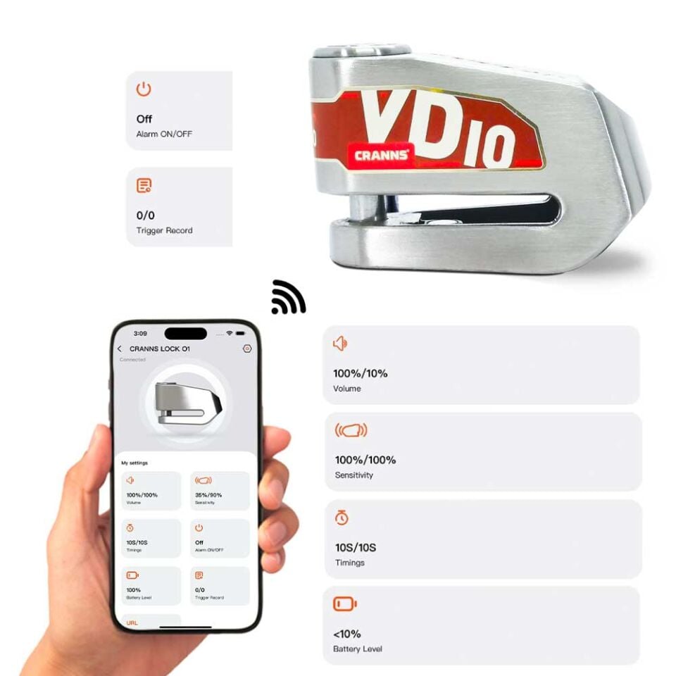 CRANNS VD10 Alarmlı Disk Kilidi Bluetooth App Kontrollü 304 Paslanmaz SRA Sertifikalı 10 mm Karbür PİM