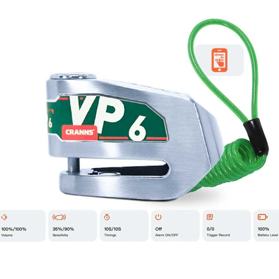 CRANNS VP6 Alarmlı Disk Kilidi Bluetooth App Kontrollü Motosiklet Bisiklet 304 Paslanmaz 6 mm Karbür PİM