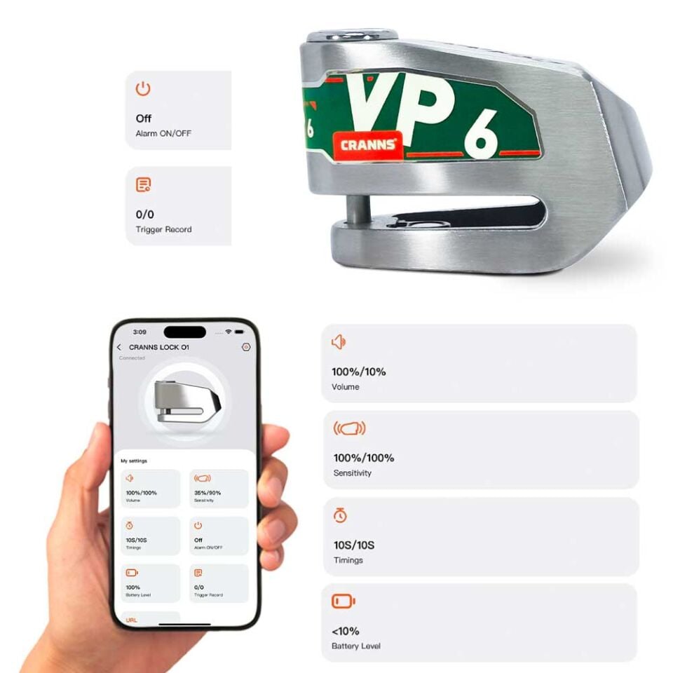 CRANNS VP6 Alarmlı Disk Kilidi Bluetooth App Kontrollü Motosiklet Bisiklet 304 Paslanmaz 6 mm Karbür PİM