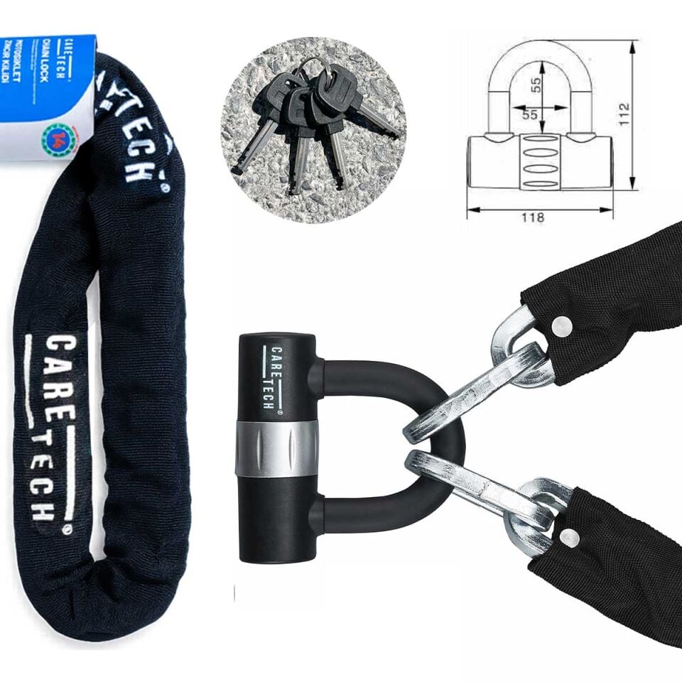CARETECH CT-751 Zincir Kilidi Motosiklet/Bisiklet 18mm Çelik, Su Geçirmez 4 Anahtar U Bar Kilit 1.8M