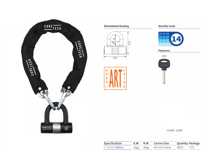 CARETECH CT-751 Zincir Kilidi Motosiklet/Bisiklet 18mm Çelik, Su Geçirmez 4 Anahtar U Bar Kilit 1.8M