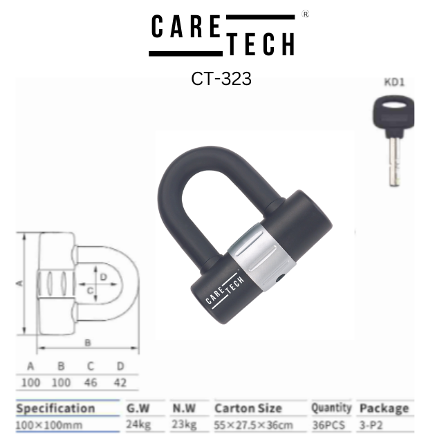 CARETECH CT-323 Disk Kilidi Motosiklet/Bisiklet 12mm Çelik Suya Dayanıklı 4 Anahtar U Bar Kilit 10x10cm