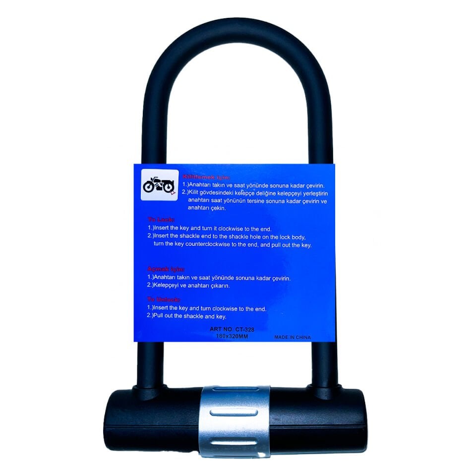 CARETECH CT-328 Disk Kilidi Motosiklet/Bisiklet 18mm Çelik Suya Dayanıklı 4 Anahtar U Bar Kilit 18x32cm