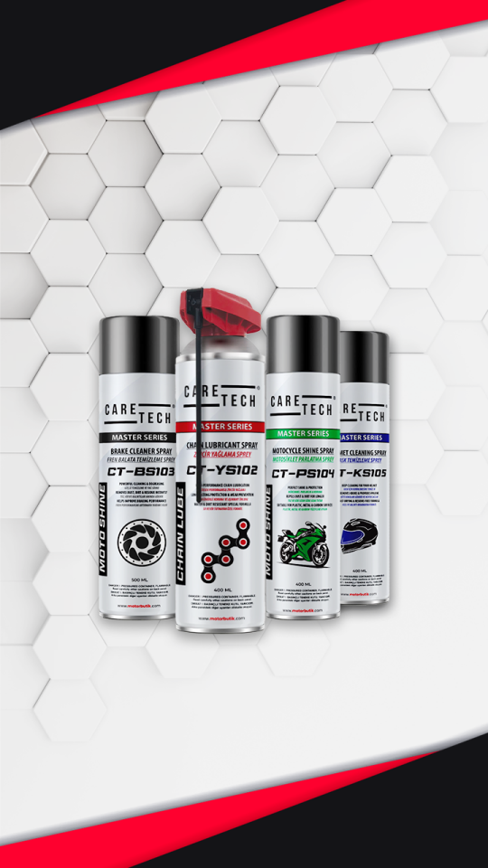 CARETECH CT-SET4-A  Motosiklet Parlatma Spreyi Zincir Yağlama Fren Balata Kask Temizleme 4lü Bakım Seti Sprey