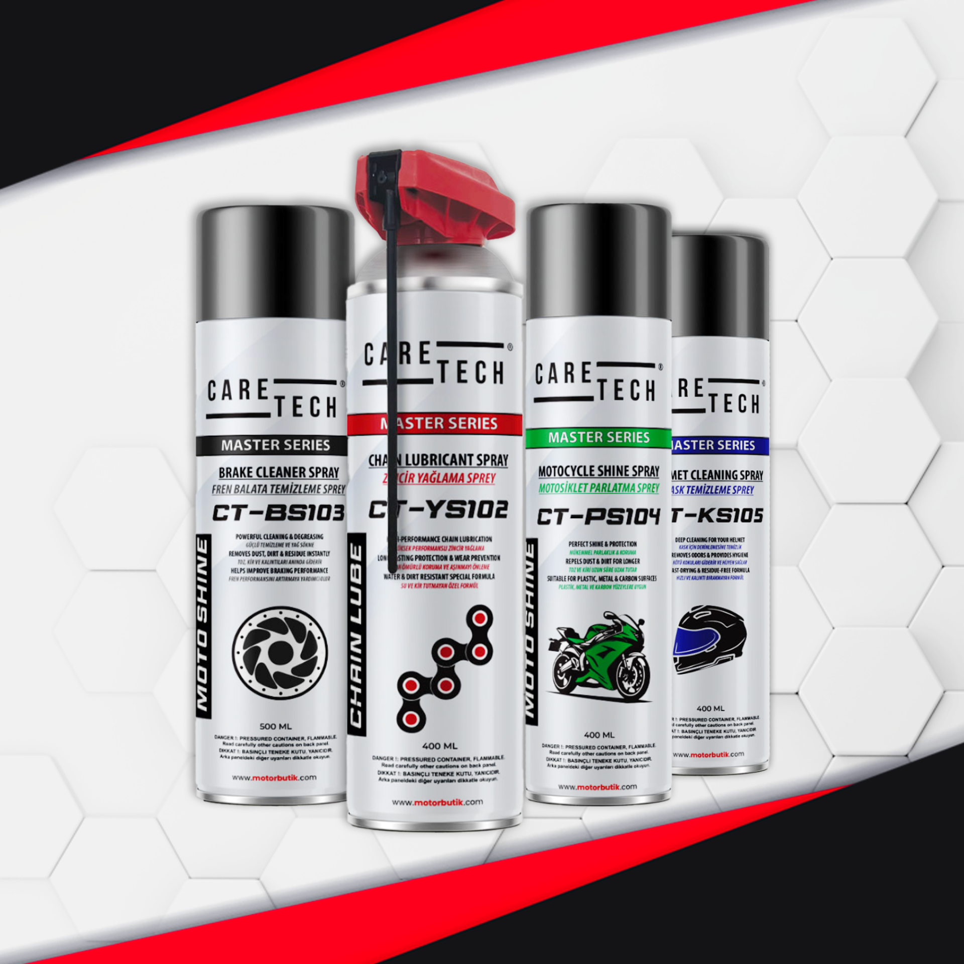 CARETECH CT-SET4-A  Motosiklet Parlatma Spreyi Zincir Yağlama Fren Balata Kask Temizleme 4lü Bakım Seti Sprey