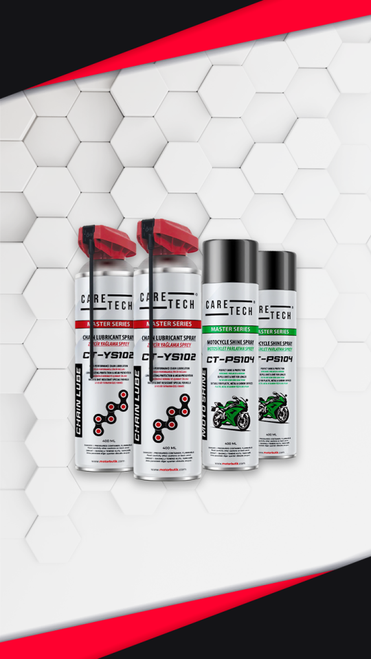 CARETECH CT-SET4-B  Motosiklet Parlatma ve Zincir Yağlama Spreyi 4'lü Bakım Seti Sprey