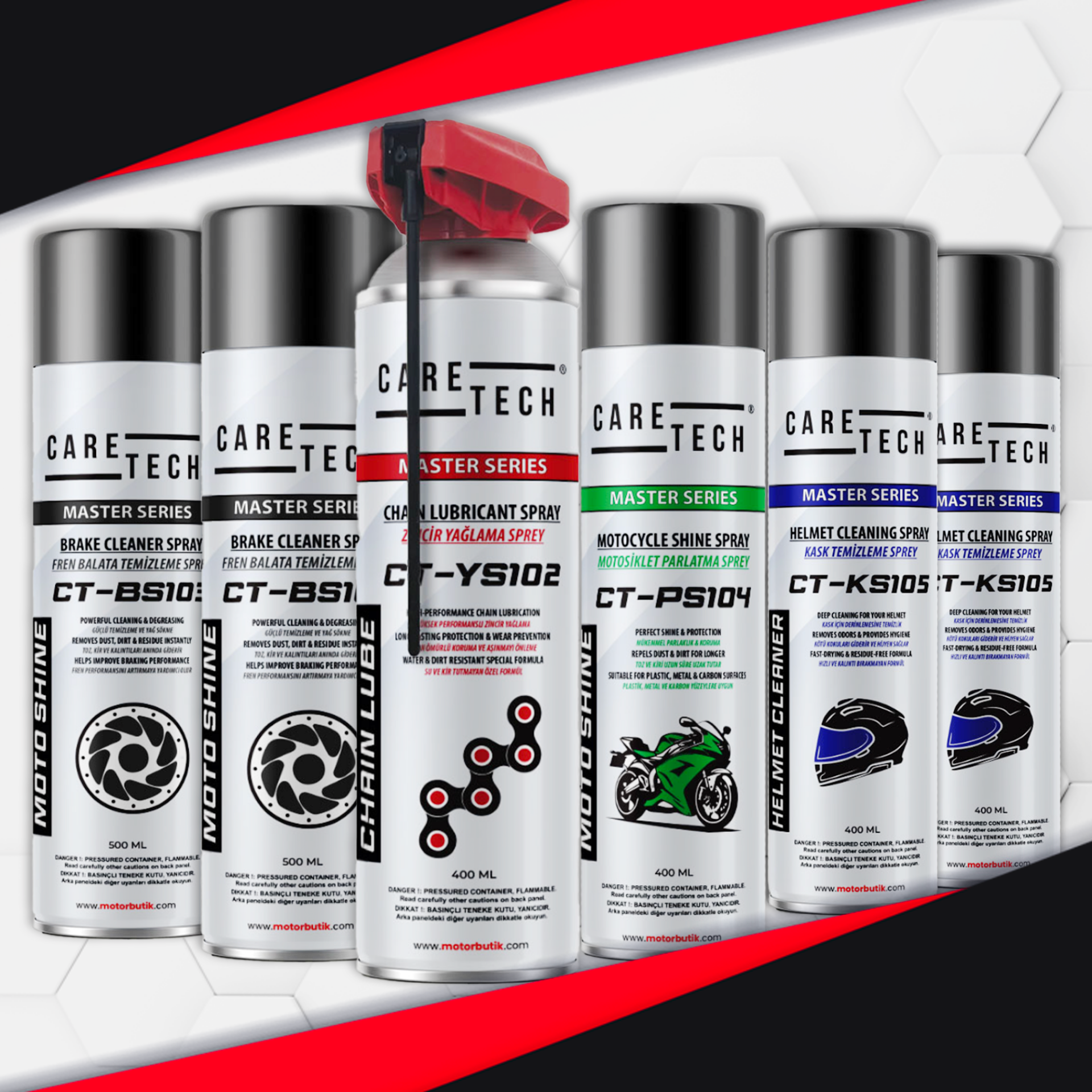 CARETECH CT-SET6-A Motosiklet Parlatma Spreyi Zincir Yağlama Fren Balata Kask Temizleme 6'lı Bakım Seti Sprey