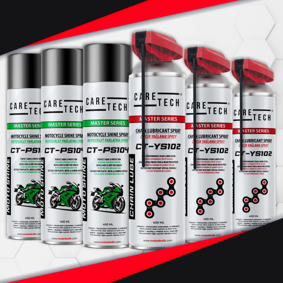 CARETECH CT-SET6-B Motosiklet Parlatma Spreyi ve Zincir Yağlama 6'lı Bakım Seti Sprey