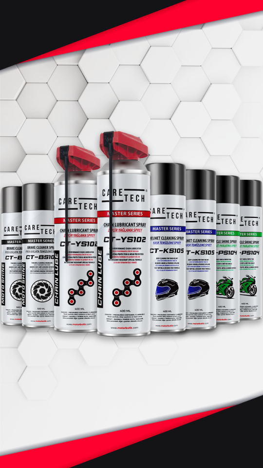 CARETECH CT-SET8 Motosiklet Parlatma Spreyi Zincir Yağlama Fren Balata Kask Temizleme 8'li Bakım Seti Sprey