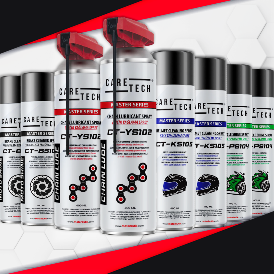 CARETECH CT-SET8 Motosiklet Parlatma Spreyi Zincir Yağlama Fren Balata Kask Temizleme 8'li Bakım Seti Sprey