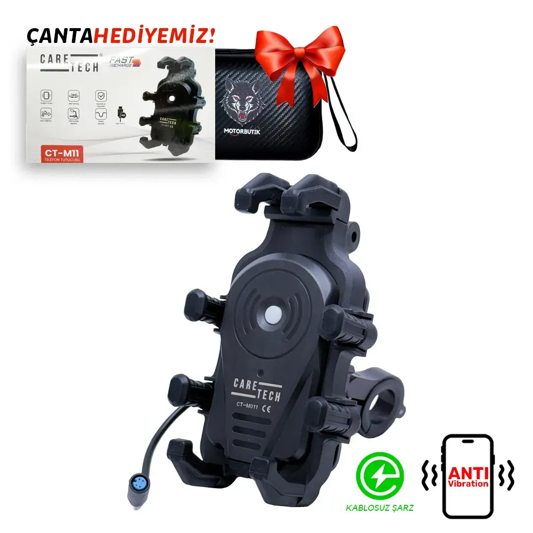 CARETECH CT-M11 Telefon Tutucu Titreşim Önleyicili Motosiklet Gidon  Montajlı TYPE-C Hızlı Şarj