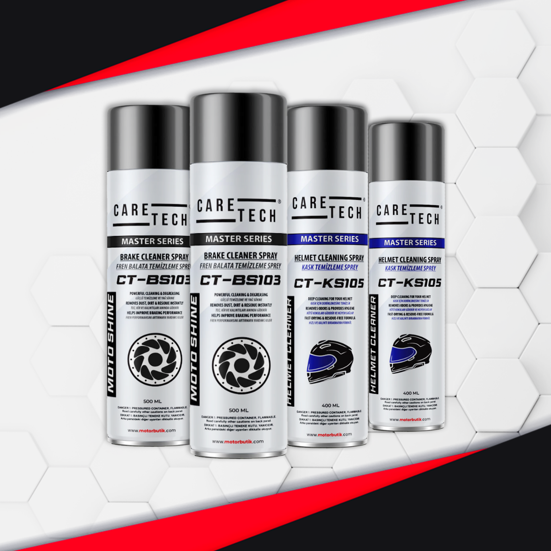 CARETECH CT-SET4-C Motosiklet Fren Balata Kask Parlatma Temizleme Spreyi 4'lü Bakım Seti Sprey