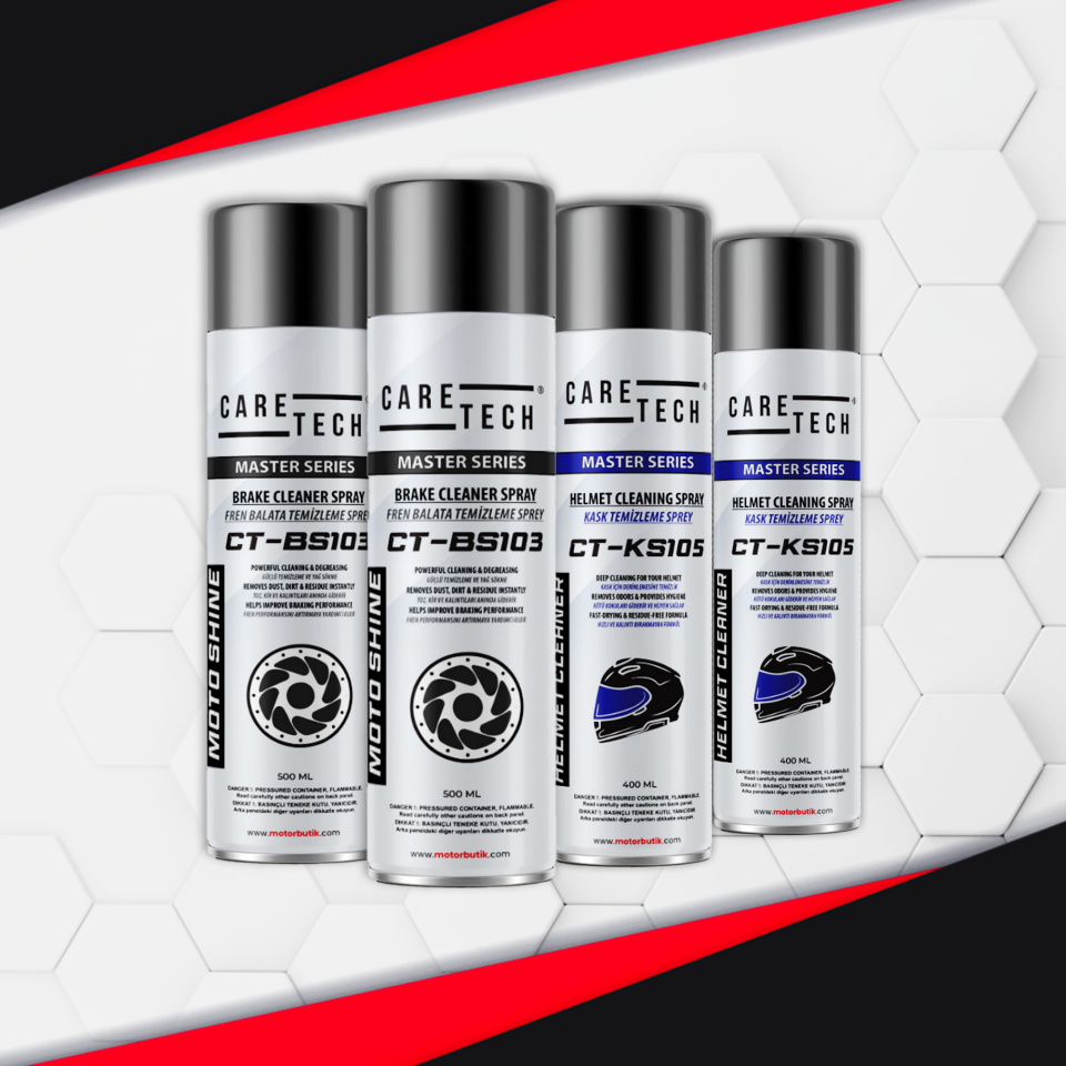 CARETECH CT-SET4-C Motosiklet Fren Balata Kask Parlatma Temizleme Spreyi 4'lü Bakım Seti Sprey