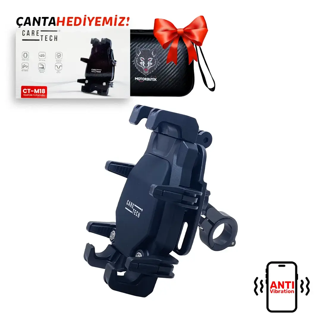 CARETECH CT-M18 Telefon Tutucu Titreşim Önleyici Motosiklet Gidon Montajlı 8 Pençeli Siyah Su geçirmez