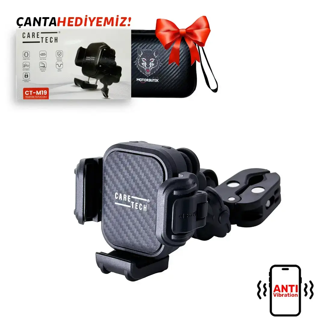 CARETECH CT-M19 Telefon Tutucu Titreşim Önleyicili Motosiklet Gidon Ayna Montajlı Klipsli Su Geçirmez