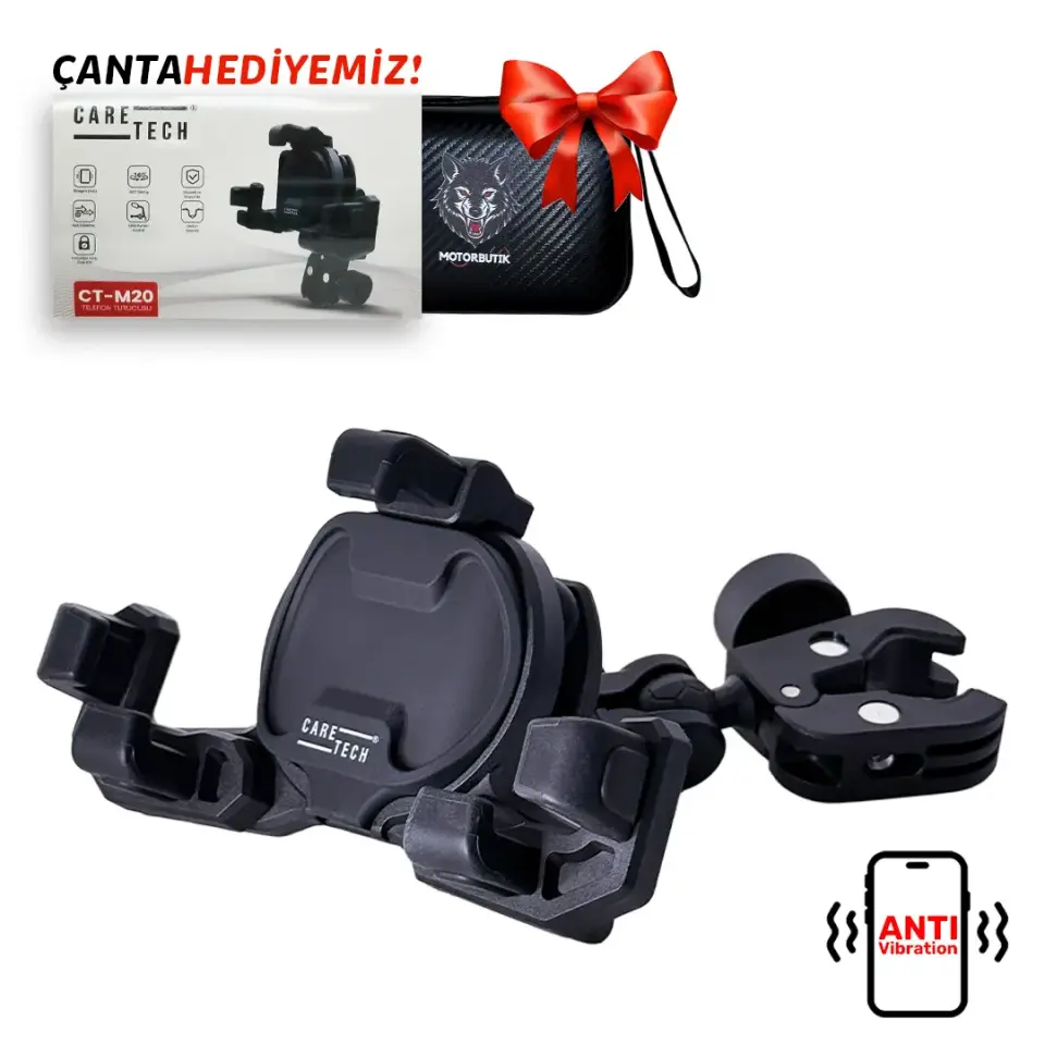 CARETECH CT-M20 Telefon Tutucu Titreşim Özellikli Motosiklet Gidon Yatay Kullanım Su Geçirmez Üniversal
