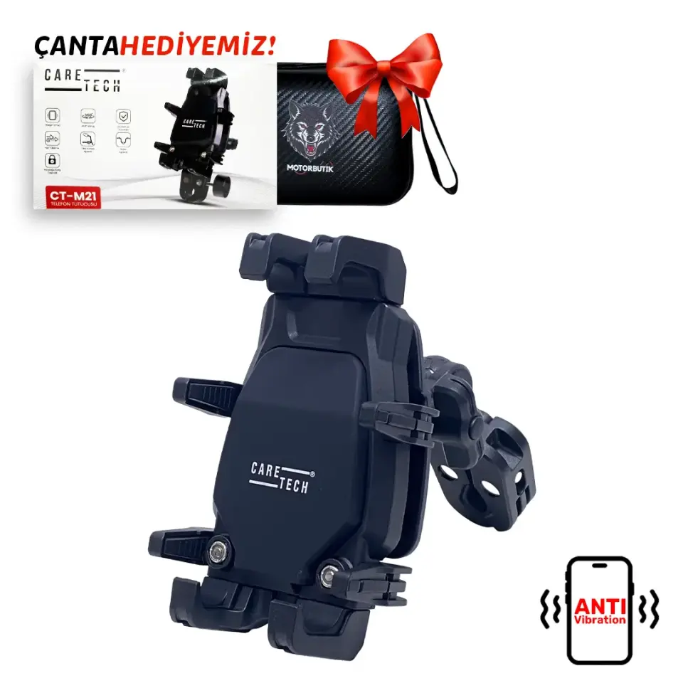 CARETECH CT-M21 Telefon Tutucu Titreşim Önleyici Motosiklet Gidon Montajlı 8 Pençeli Siyah Su geçirmez