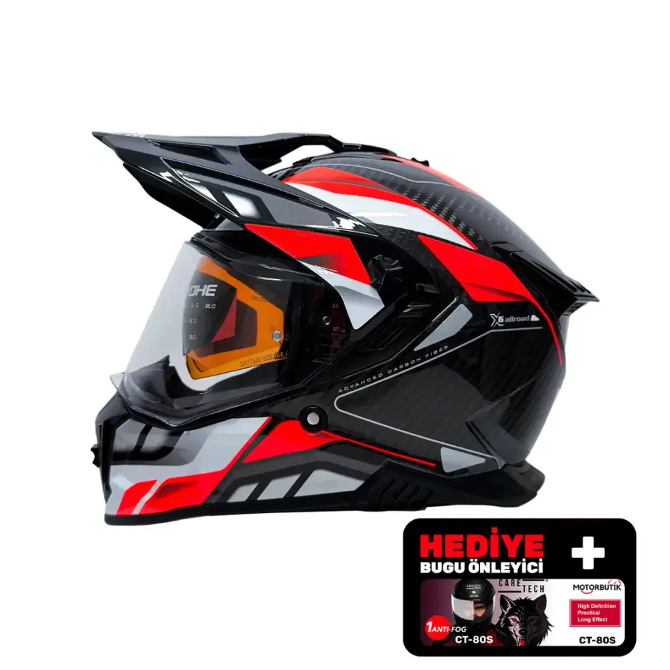 YOHE FG601 Kask Karbon Full Face Motosiklet Parlak Neon Kırmızı Siyah Çift Vizör UV Bluetooth Yuvalı ECE 22.06 MIPS